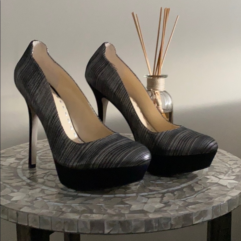 Enzo Angiolini Eatavana Silver Black Leather Heels